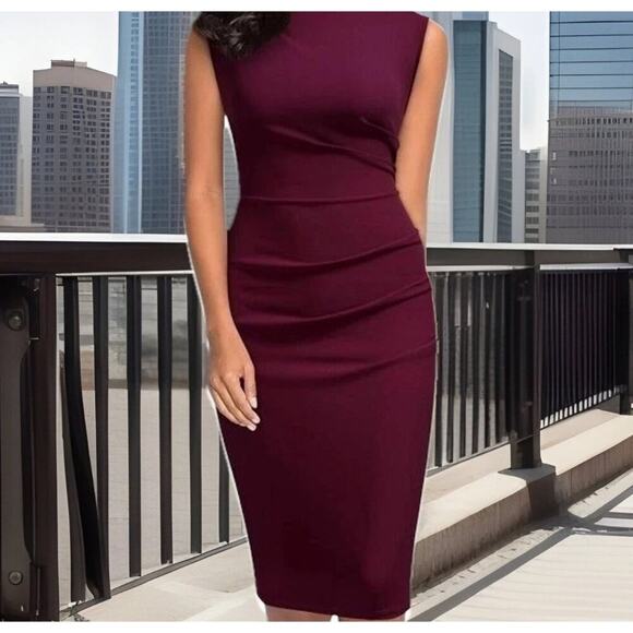 Miusol Women’s Retro Ruffle Slim Work Pencil Dress Burgundy Red Size Small Midi - Picture 1 of 16
